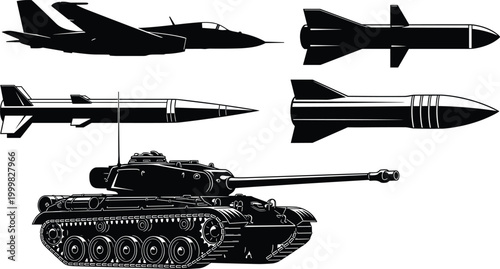 Silhouettes of Military Vehicles and Weapons including Tank, Jet, and Missiles for Defense, Warfare, and Military Designs