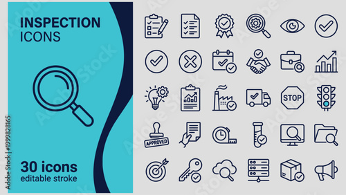 A comprehensive collection of 30 editable stroke icons representing various aspects of inspection and quality control processes for business and industry use