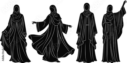 Silhouette of Woman in Traditional Dress in Various Poses for Cultural, Fashion, and Elegant Design Projects