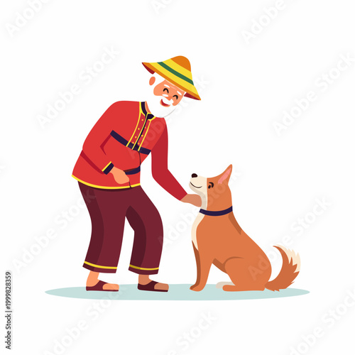 Elderly Man in Traditional Clothing Petting a Dog
