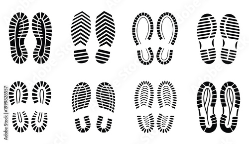 Shoe print set in blue color, featuring various sole patterns and footwear designs, footprint trail icon collection, modern vector illustration