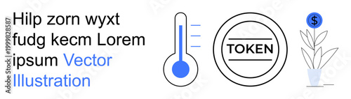 Finance, sustainability, cryptocurrency, growth, business, investments. Visual a token symbol, thermometer and money plant. Finance and cryptocurrency concept with sustainability