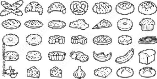 Food and Bakery Line Art Icons Collection. Black and White Outline Sketch Set of Grocery Products, Fresh Produce, and Baked Goods.