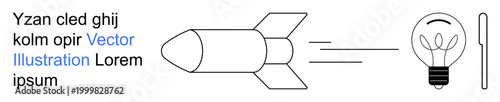 Innovation, creativity, progress, technology, energy, invention. A rocket flying toward a light bulb forward-thinking ideas. Innovation and creativity connected through technology and energy
