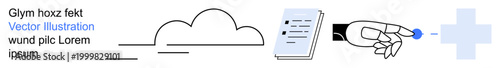 Cloud services, digital documentation, medical technology, futuristic innovation, integration systems, remote access. Stylized cloud with document, robotic hand and medical symbols. Cloud services