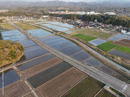 Aerial view of farmland divided by irrigation ditches