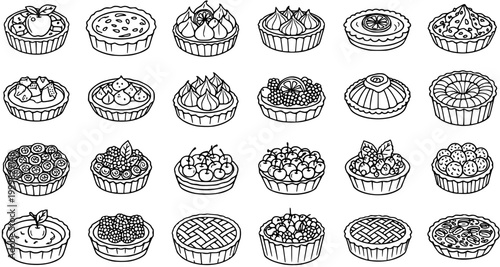 Black and White Line Art Collection of Various Delicious Fruit Tarts and Pies