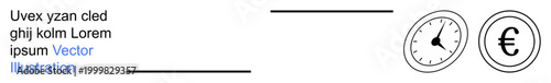 Financial planning, time management, cost analysis, economic value, savings, investment. Clock and euro symbol in a clean design. Time management and financial planning concepts