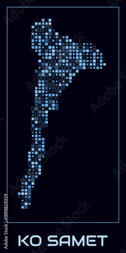 Ko Samet digital style map. Small square dots on dark background. Dotted shape of the island. Ko Samet map and title. Classy vector illustration.
