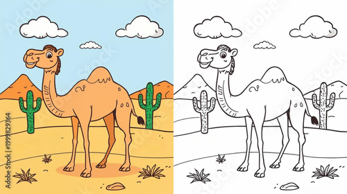 Coloring book-style illustration of a camel in desert