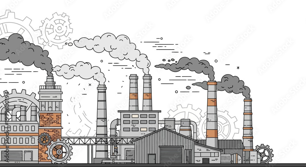 Obraz premium Industrial factory complex with smoking chimneys and mechanical gear elements.