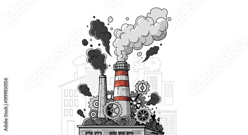 Industrial factory smokestacks emitting thick black smoke with mechanical gears.