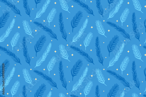 Seamless Blue Winter Pine Branch Pattern with Nordic Holiday Forest Background