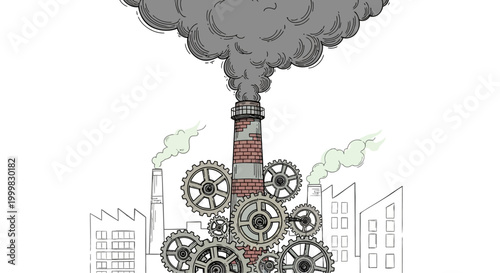 Industrial factory chimney with interconnected mechanical gears and heavy dark smoke emission.