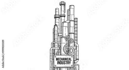Sketch illustration of a complex industrial refinery with pipes and mechanical equipment.