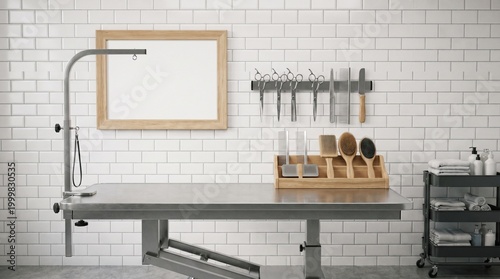 Professional Pet Grooming Station with Tools and Blank Frame Mockup