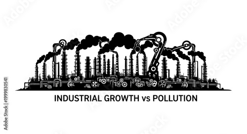 Black and white illustration of a large industrial factory complex with smoke.