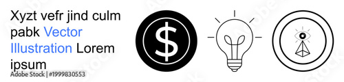Financial concepts, creative ideas, innovation, currency, vision, design. Black dollar sign, lightbulb with rays and eye in a triangle symbol. Financial concepts and creative ideas symbols