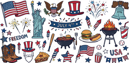 Bild auf Leinwand Large hand drawn patriotic American icon set with flags Statue of Liberty eagle BBQ food and fireworks for July 4th Independence Day celebration design vector