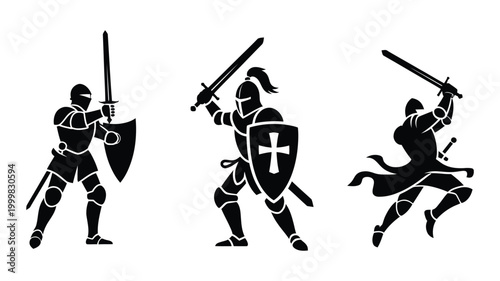 Silhouettes of medieval knights engaged in combat with swords and shields in battle scene, epic knight duel concept