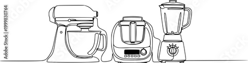 A single continuous line drawing featuring a blender, a food processor, and a stand mixer setup. Vector, illustration
