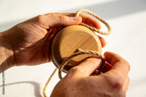 Hands tying rope on wooden object