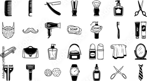 Black and White Line Art Icons of Barber and Shaving Tools for Grooming Industry
