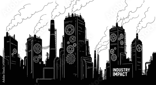 Black and white industrial factory skyline illustration with gears and smoke.