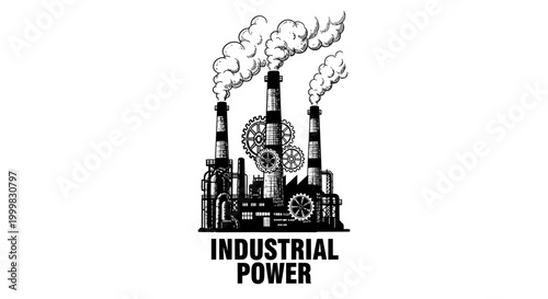 Black and white engraving style illustration of industrial power plant with smoke.