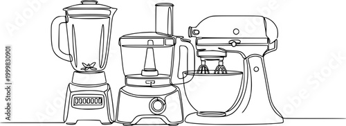 A single continuous line drawing featuring a blender, a food processor, and a stand mixer setup. Vector, illustration
