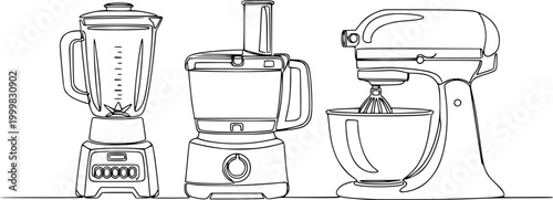 A single continuous line drawing featuring a blender, a food processor, and a stand mixer setup. Vector, illustration
