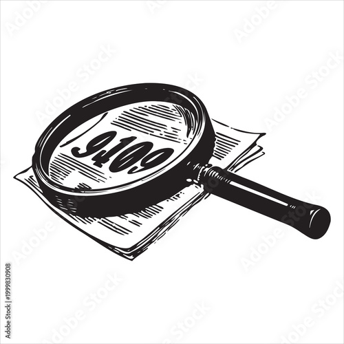Magnifying glass over newspaper vintage woodcut style illustration on a white background high quality professional detailed modern elegant stylish clean crisp