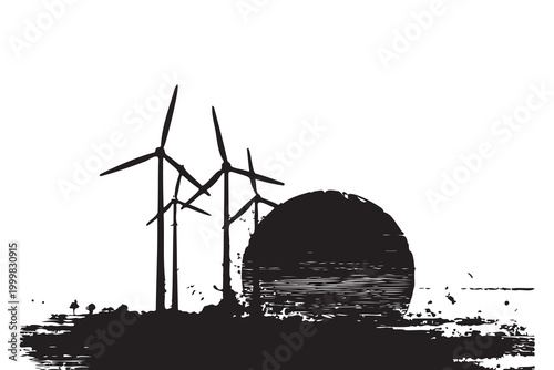 Wind turbines and rolling hills silhouette against a setting sun black and white graphic high quality professional detailed modern elegant stylish