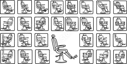 Barber Shop and Hair Salon Chairs Line Art Icons Set. Black and White Glyphs of Professional Beauty Industry Furniture Equipment.