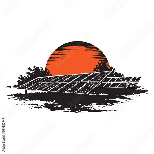 Solar panels in a field with a sunset woodcut style illustration on a white background high quality professional detailed modern elegant