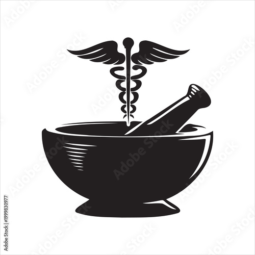 caduceus symbol with mortar and pestle black silhouette illustration on a white background high quality professional detailed modern elegant stylish clean