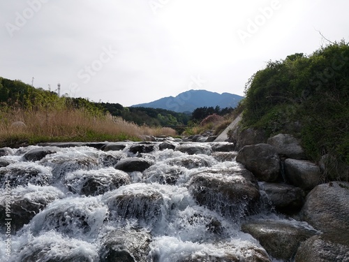 Rushing water crashes over mossy rocks