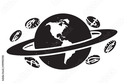Black and white illustration of earth with orbiting dollar signs and a ring high quality professional detailed modern elegant stylish clean