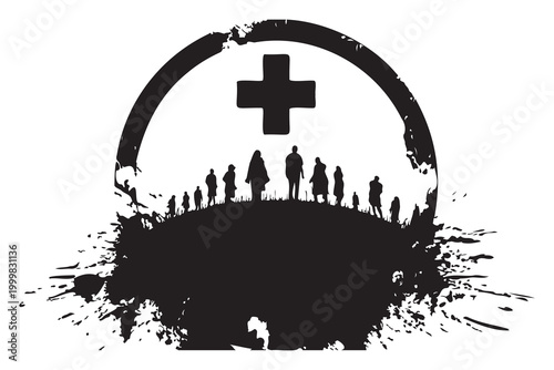 Medical cross symbol with silhouettes of people inside black and white vector illustration on a white background high quality professional detailed