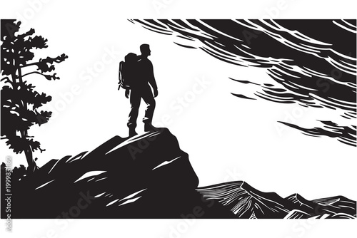 Silhouette of a hiker standing on a mountaintop overlooking a landscape black and white illustration high quality professional detailed modern elegant