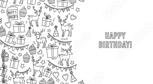 Hand Drawn Birthday Celebration Pattern Featuring Reindeer and Gift Boxes.
