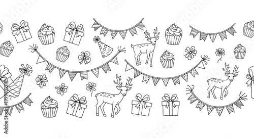 Seamless Hand Drawn Doodle Pattern with Birthday and Holiday Elements.