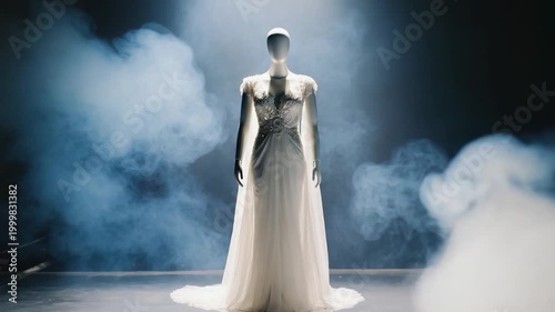 An exquisite bridal gown on a mannequin, emerging from atmospheric smoke, captures a moment of dramatic elegance and timeless fashion with a touch of mystery