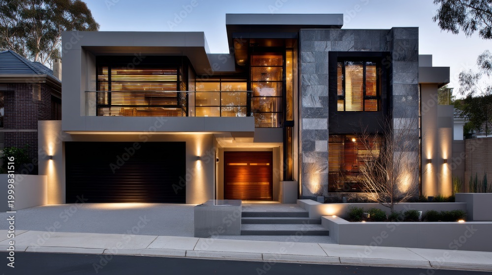 Fototapeta premium Modern architectural design of a luxury house featuring sleek lines, contemporary materials, warm lighting, and a beautifully landscaped entrance at dusk