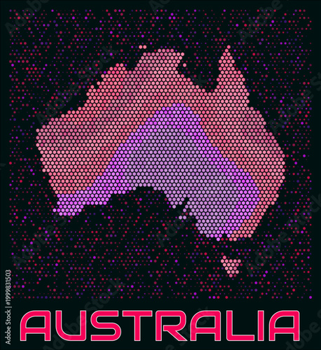 Australia digital style hexagon map. Vibrant magenta purple pink neon dotted shape. Country tiny bright hexagon cells. Australia honeycomb map design. Modern Vector Illustration.