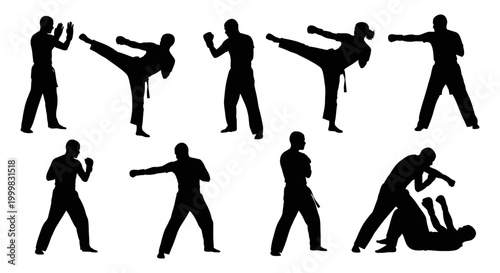Silhouettes of people practicing martial arts with kung fu silhouette training practice discipline