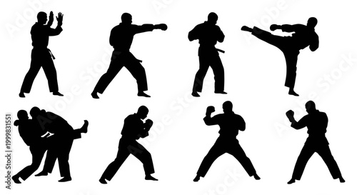 Silhouettes of martial arts practitioners in various fighting poses with silhouettes fighters fighting