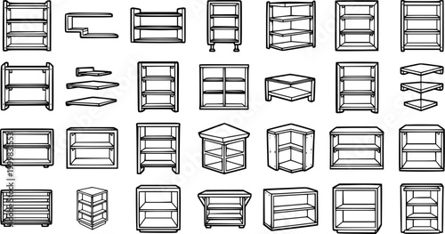 Furniture and Home Storage Shelves Cabinets Vector Line Art Icons. Black and White Outline Collection for Interior Design and Retail.