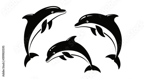 Three jumping dolphins in silhouette with silhouette creature collection isolated flippers porpoise