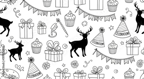 Seamless pattern with hand drawn Christmas reindeer gifts and party elements.